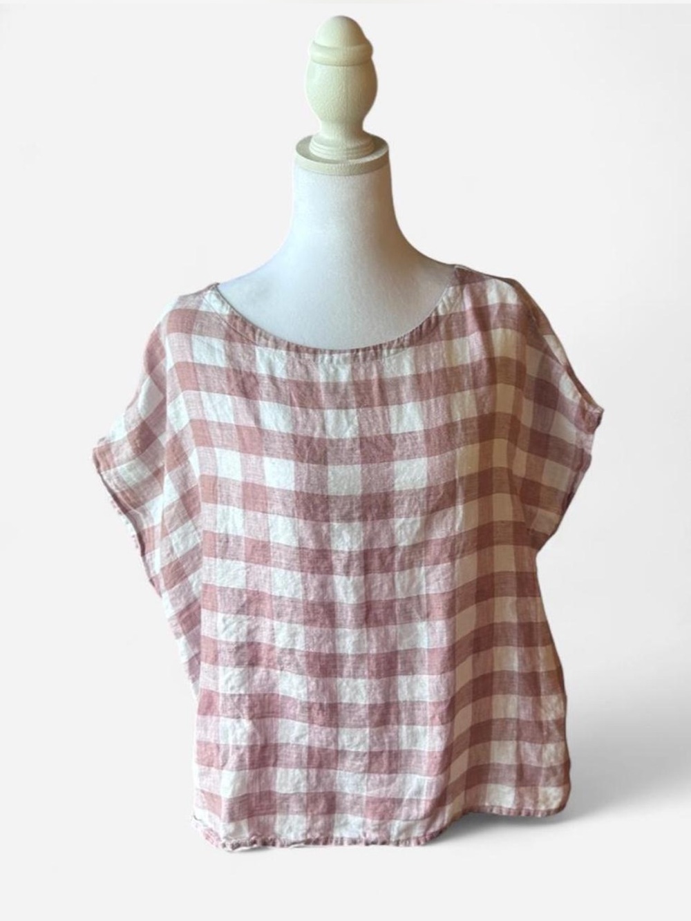 Cynthia Rowley 100% Linen Women's Pink and White Gingham Top T-Shirt Blouse